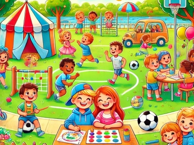 DALL·E 2025-07-03 17.02.28 - A colorful and playful illustration designed for children, showing a vibrant outdoor scene of a summer camp (ALSH - Accueil de Loisirs Sans Hébergemen
